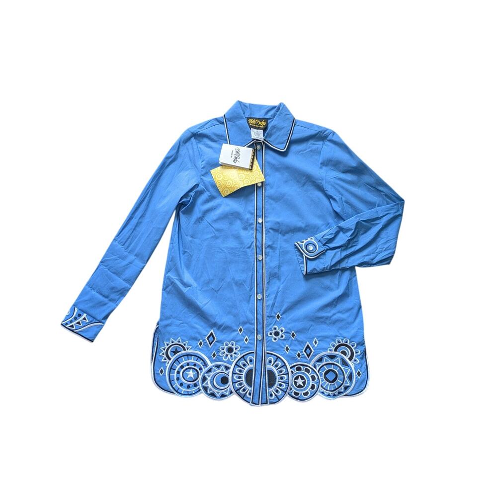 NWT Bob Mackie Embroidered Tunic Top Womens XS Blue Cotton Artsy Coastal Grandma
